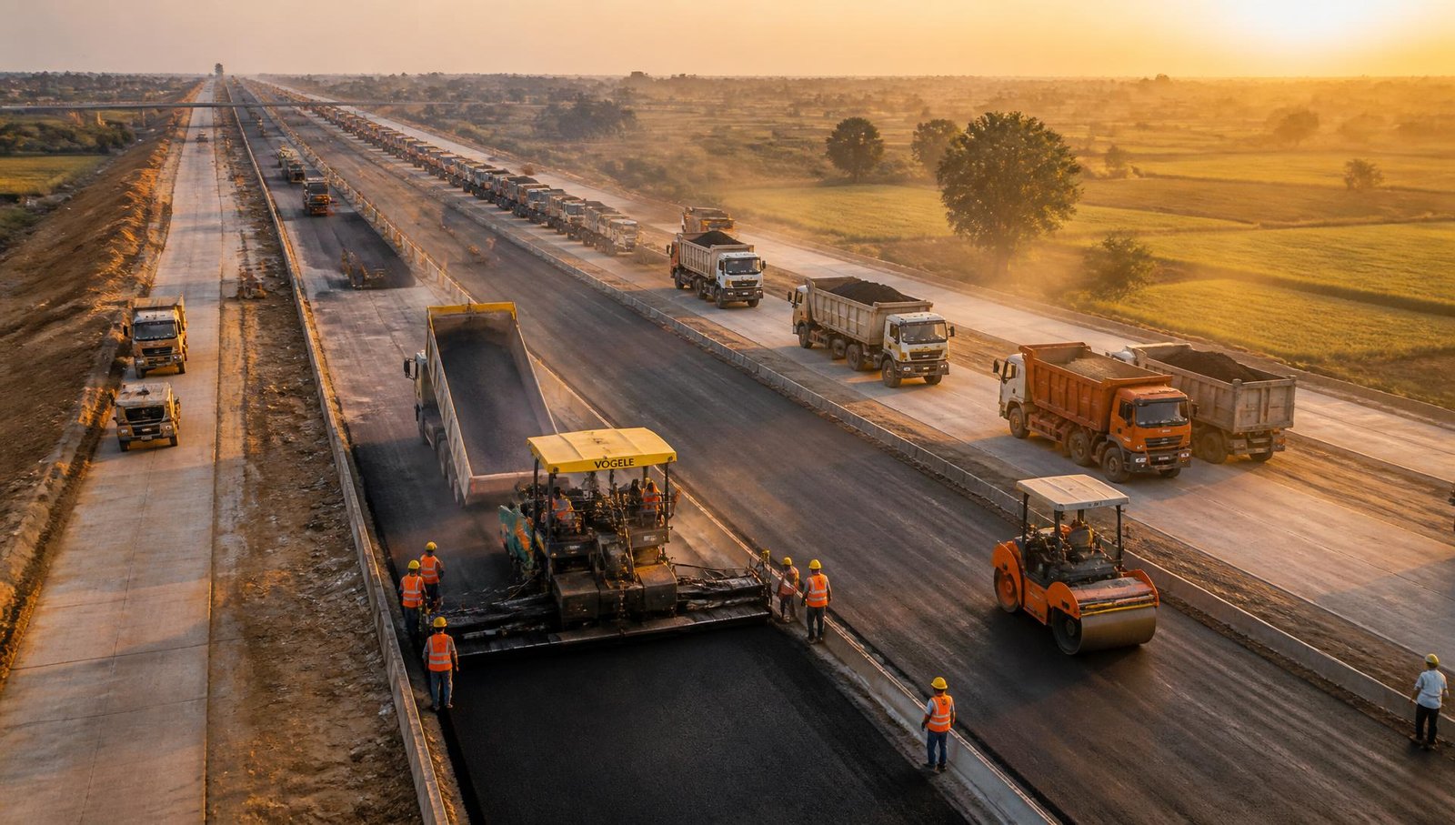 Indian highway construction with fleet of tipper trucks at golden hour